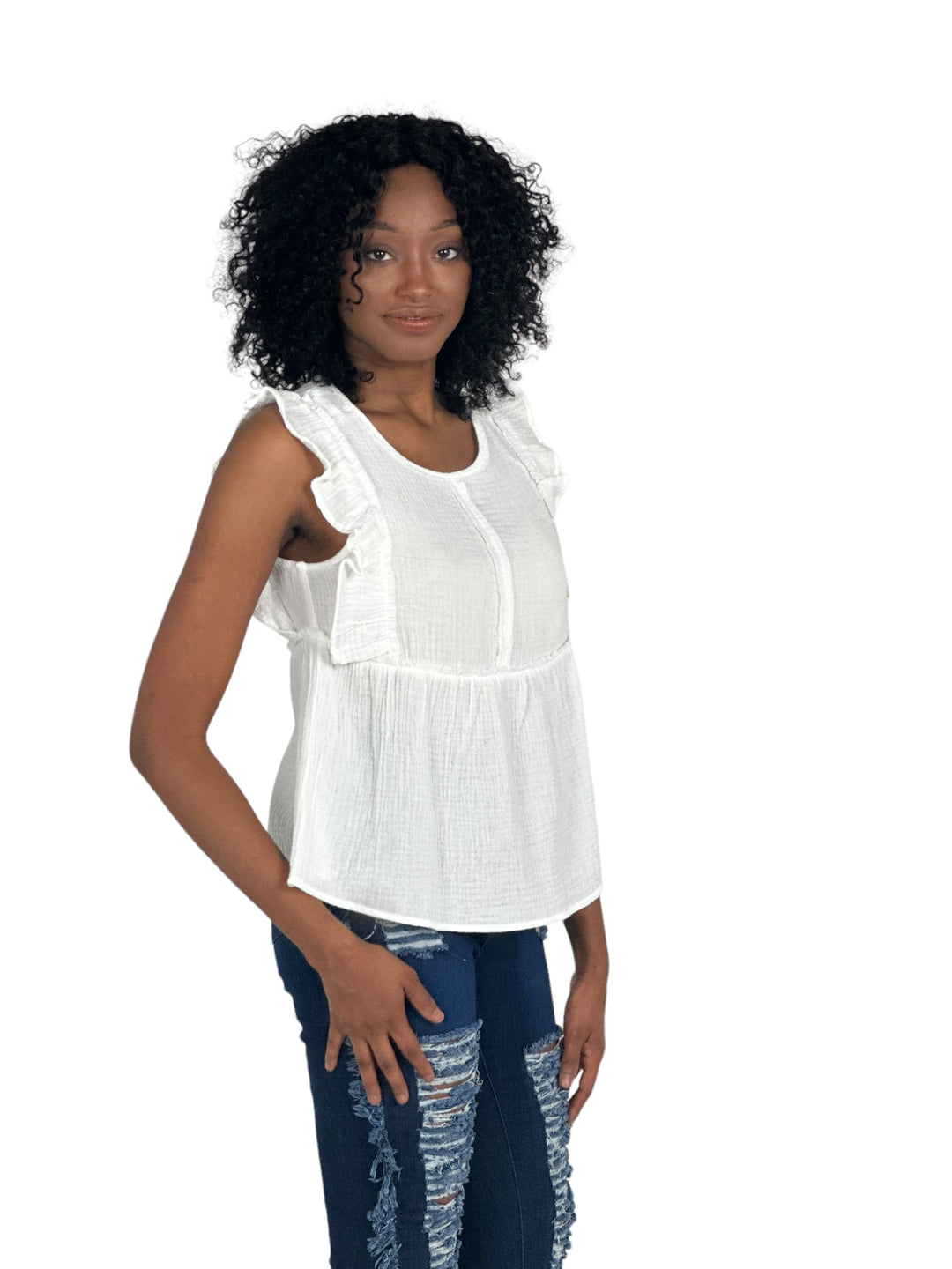 White Ruffle Sleeve Gauze Top