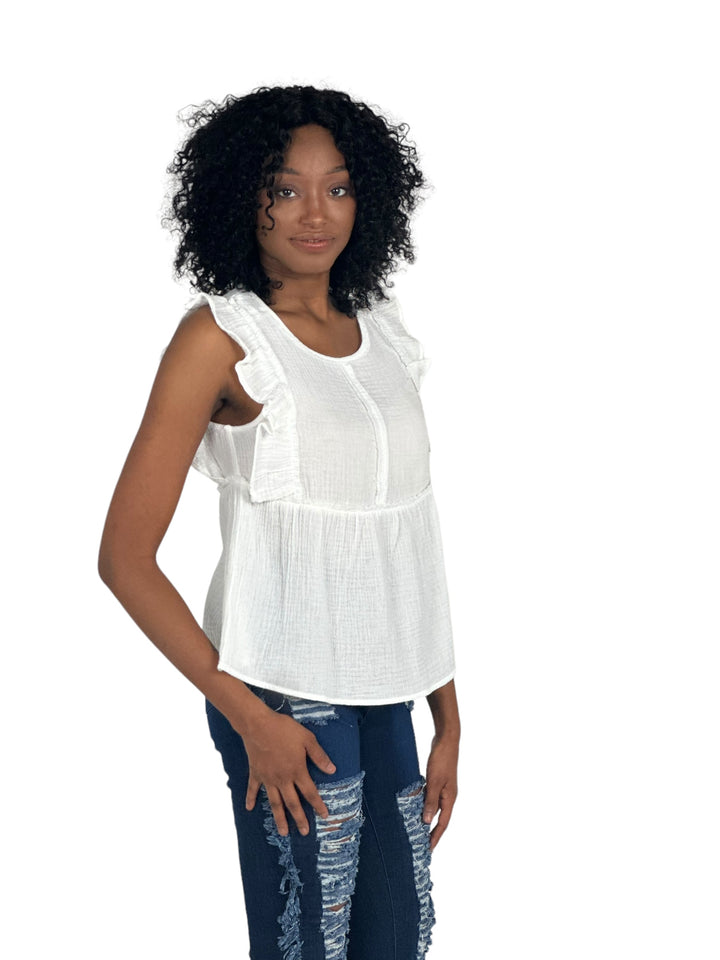 White Ruffle Sleeve Gauze Top
