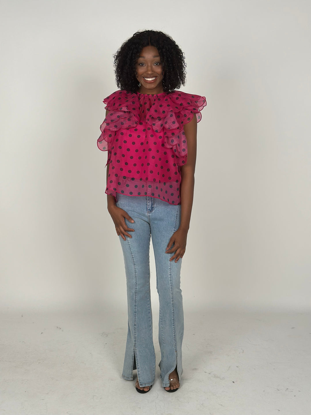 Fuchsia Polka Dot Ruffle Top