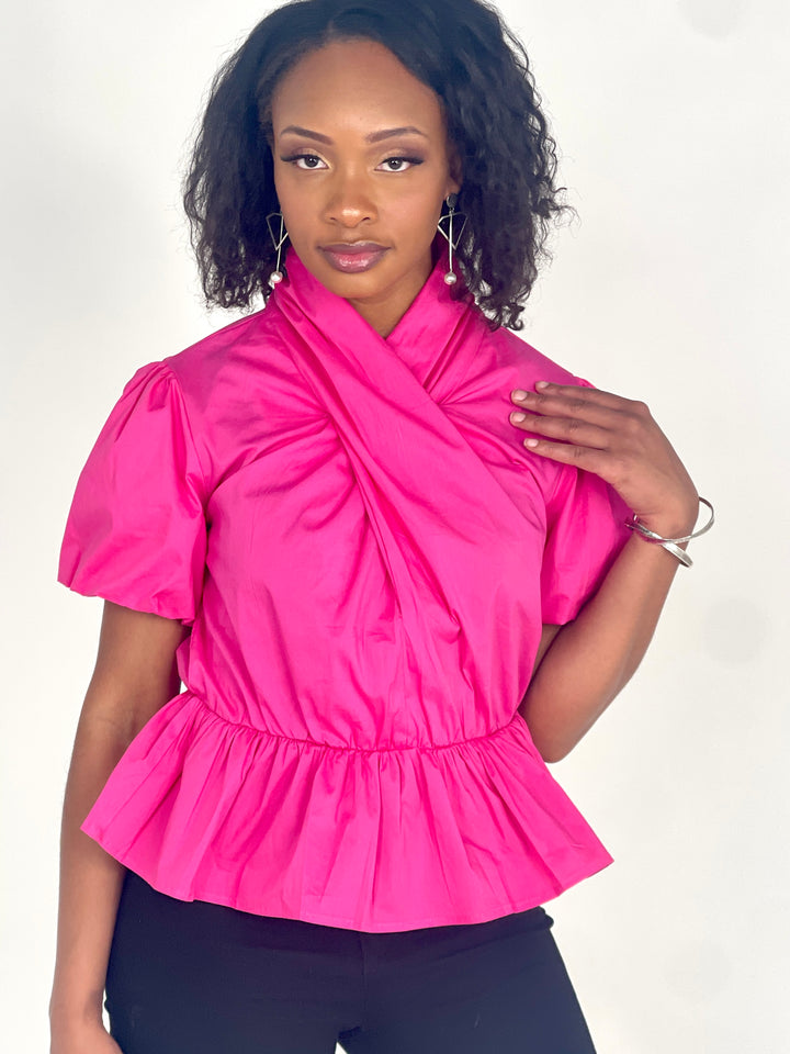 Fuchsia Poplin Puff Sleeve Top