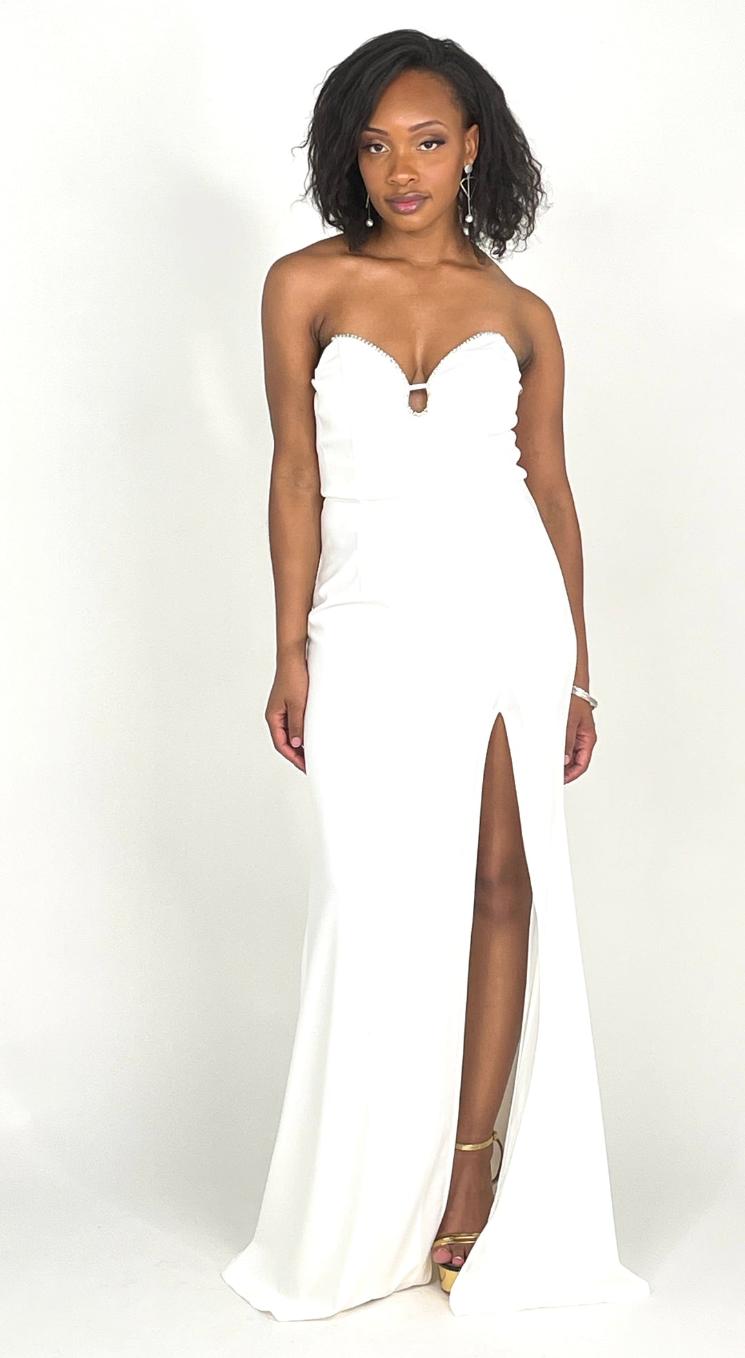 White Rhinestones Slit Maxi Dress
