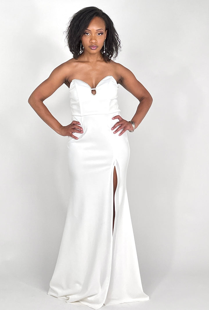 White Rhinestones Slit Maxi Dress