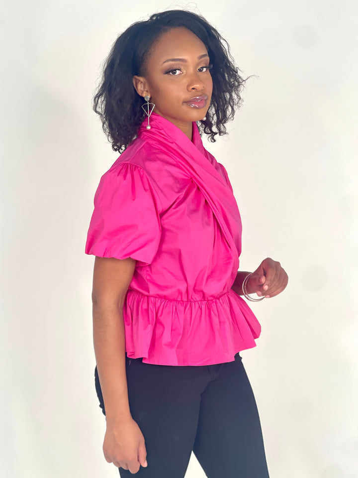 Fuchsia Poplin Puff Sleeve Top