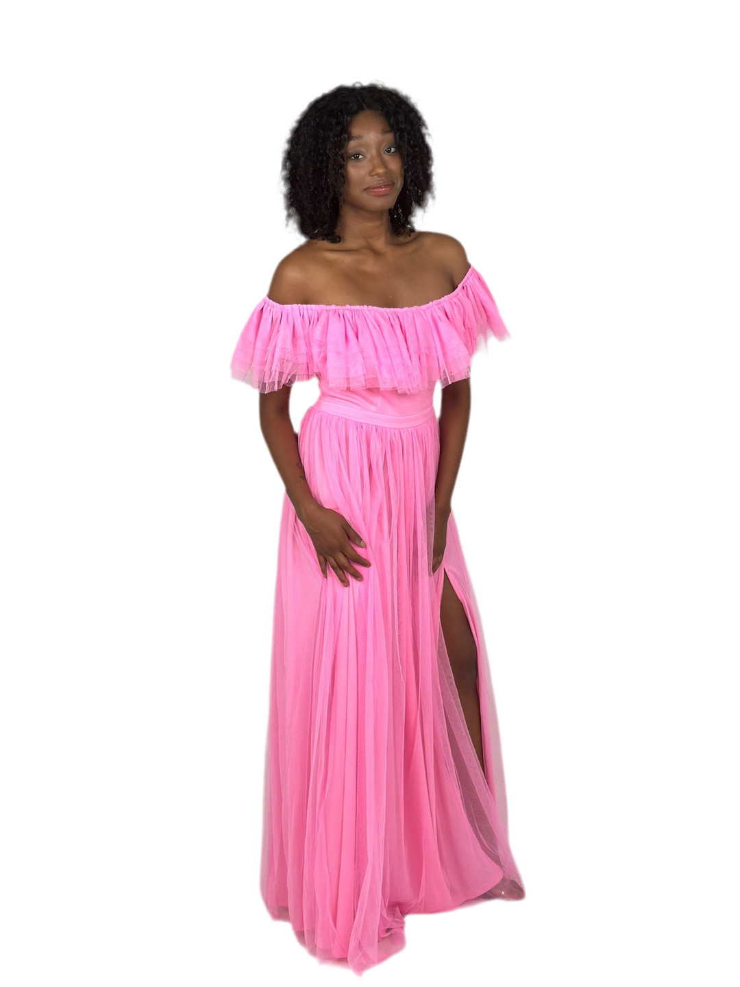 Pink Off Shoulder Ruffle Mesh Maxi Dress