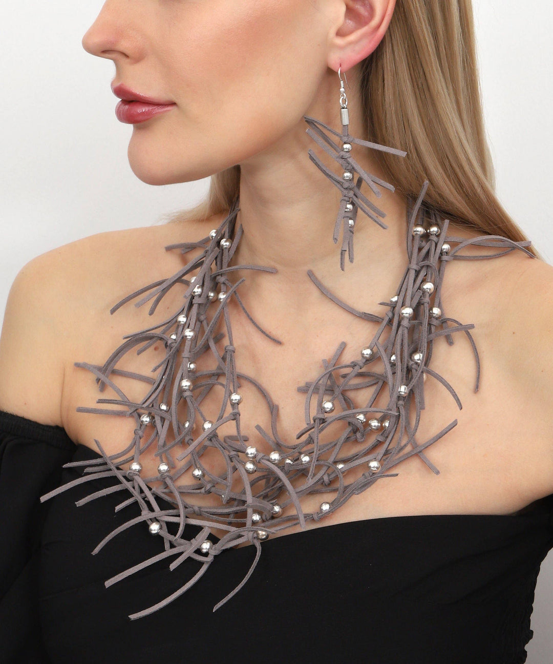 Handmade Grey Leather Necklace and Earring Set
