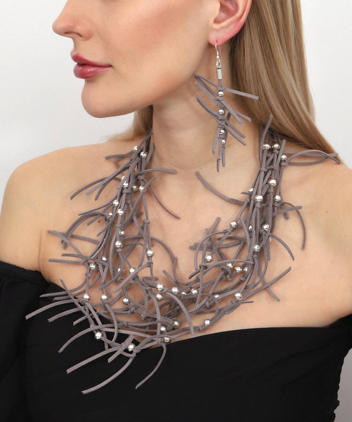 Handmade Grey Leather Necklace and Earring Set