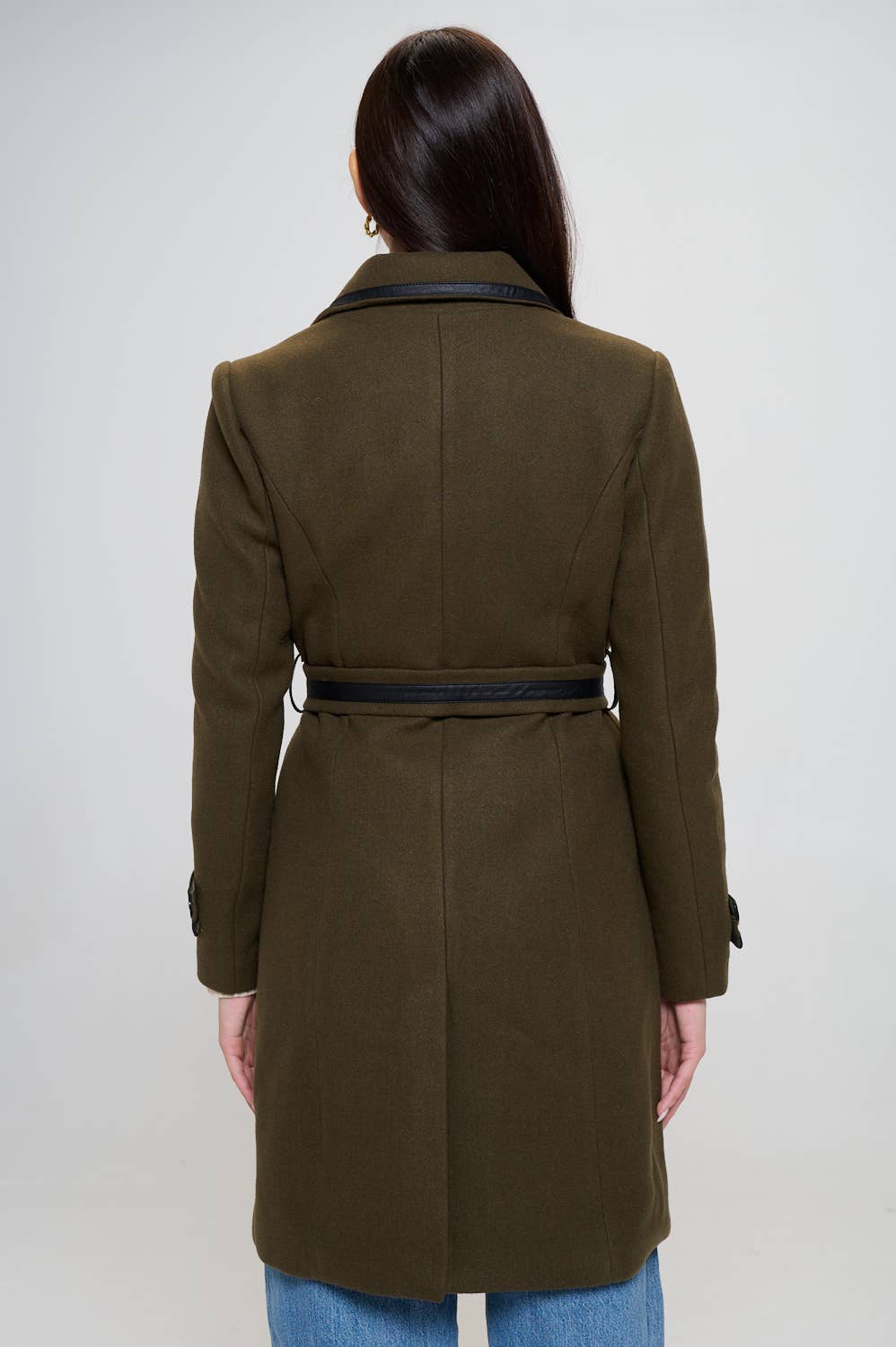 Faux Leather Belted Wool Coat: Olive
