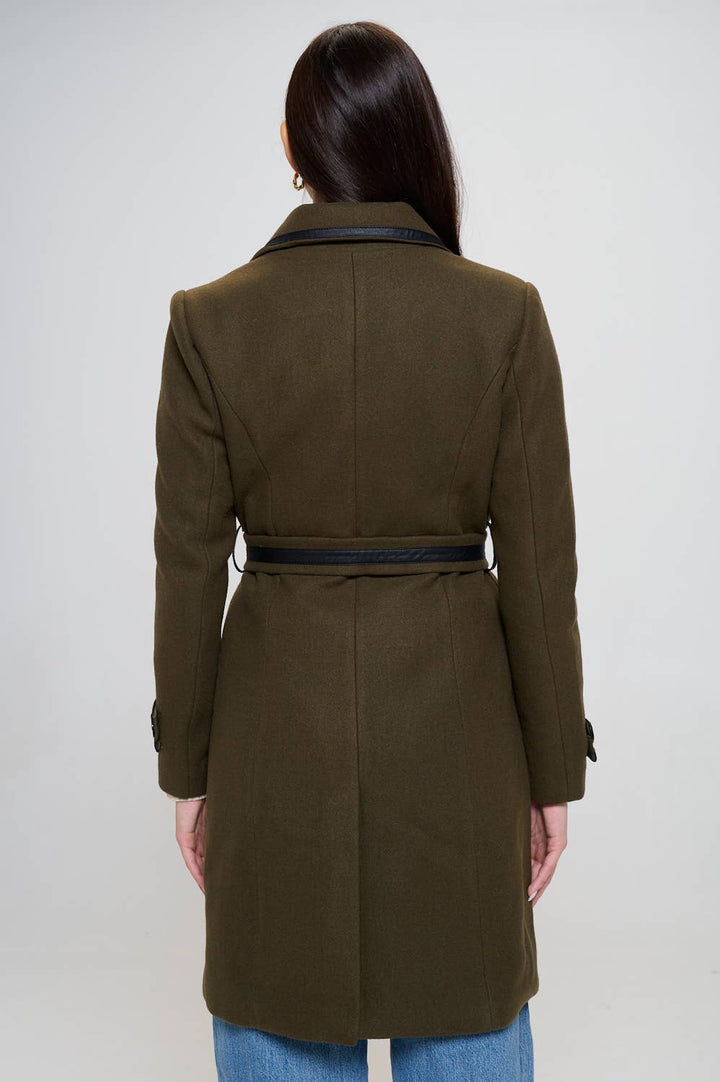 Faux Leather Belted Wool Coat: Olive