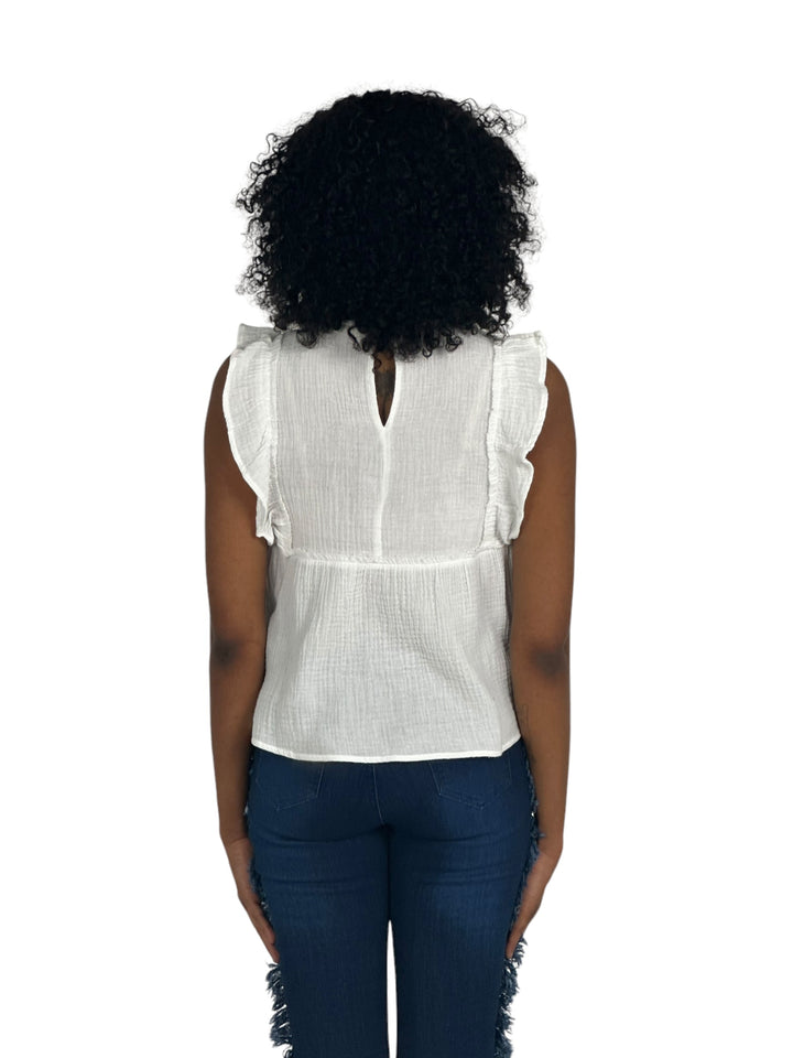 White Ruffle Sleeve Gauze Top