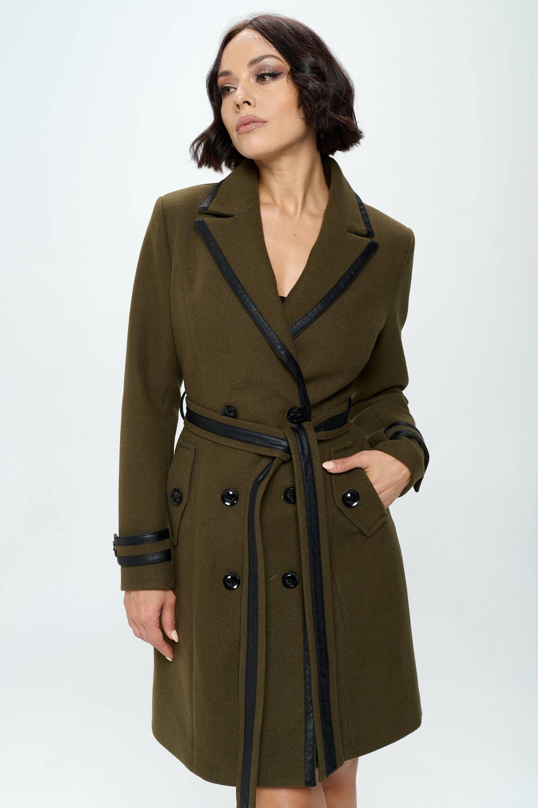 Faux Leather Belted Wool Coat: Olive