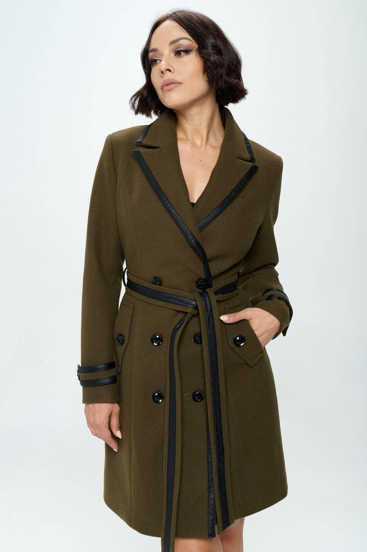 Faux Leather Belted Wool Coat: Olive