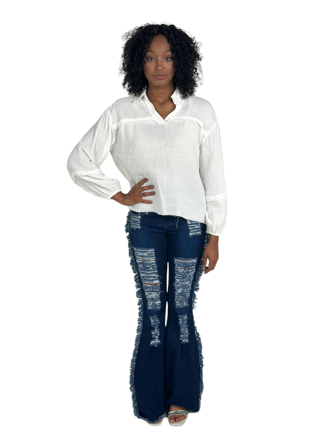 White Collared Gauze Top