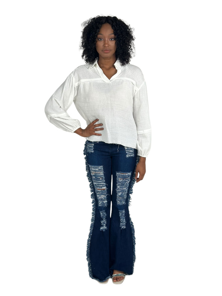 White Collared Gauze Top
