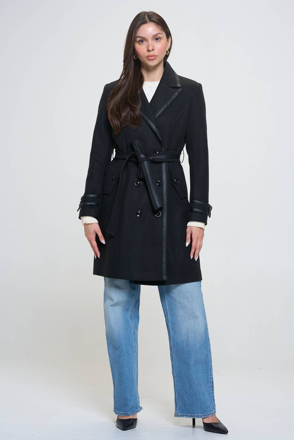 Faux Leather Belted Wool Coat: Olive