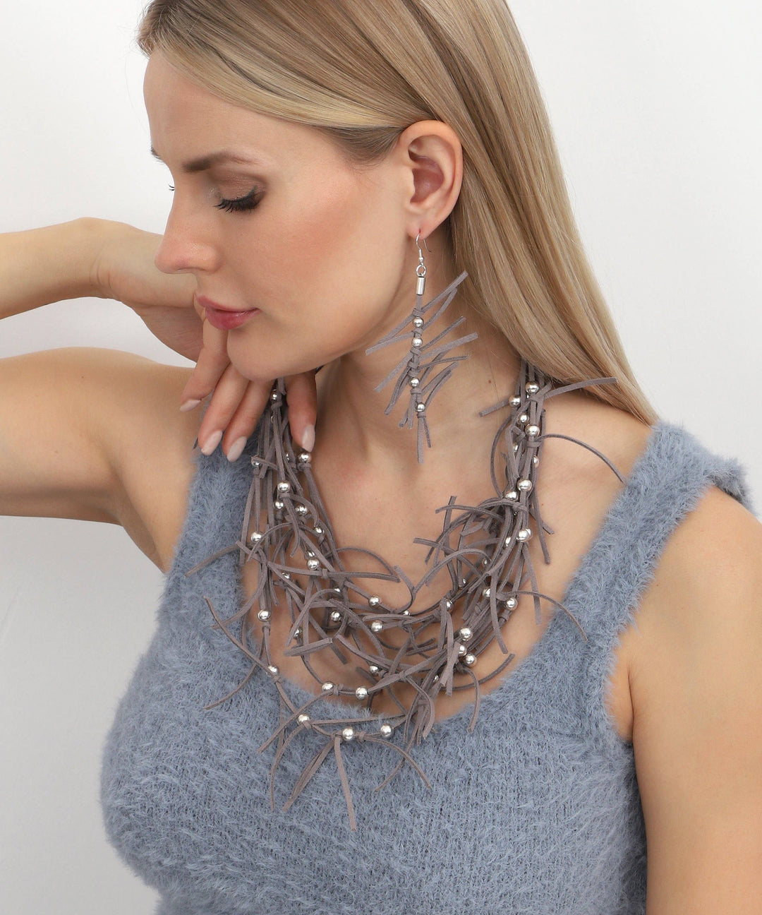 Handmade Grey Leather Necklace and Earring Set