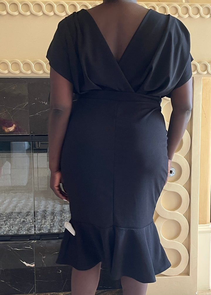 Black Pleated Shoulder Midi Dress