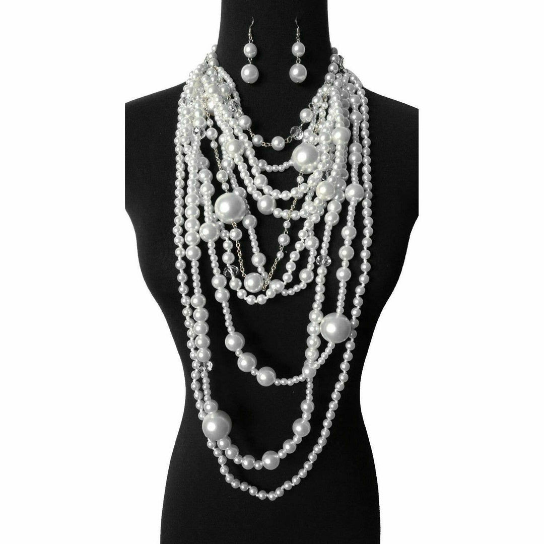 Chunky Multi-Layered Pearls Statement Necklace Set: Ivory
