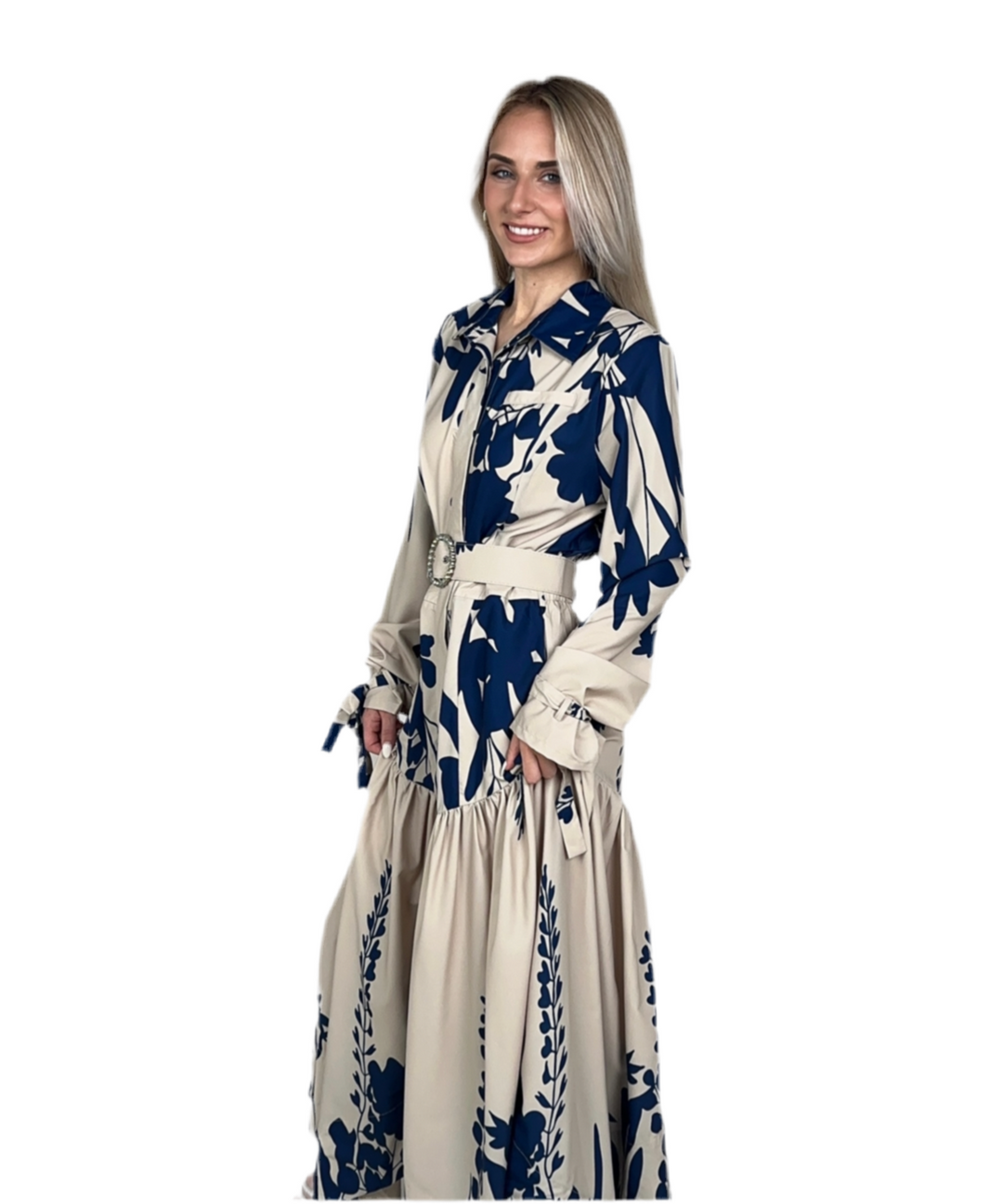Blue Uneven Belted Maxi Dress