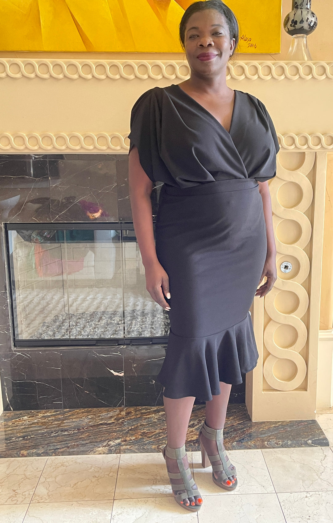 Black Pleated Shoulder Midi Dress