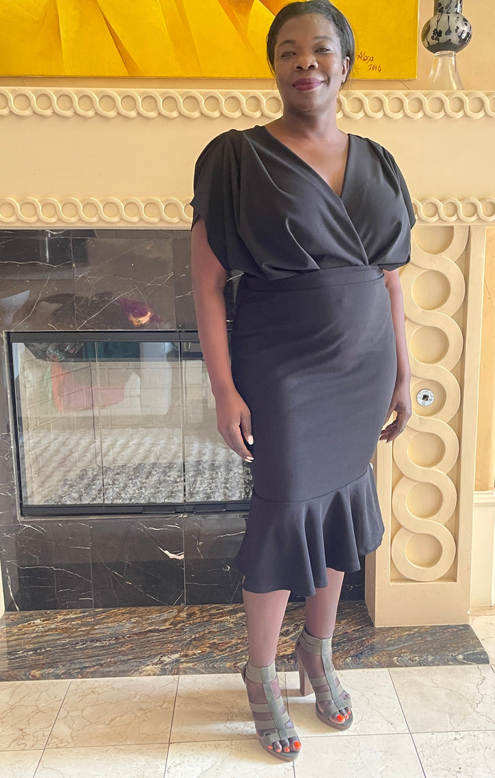Black Pleated Shoulder Midi Dress