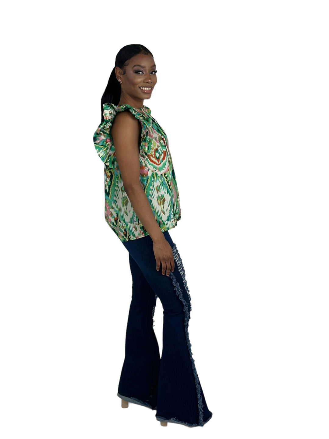 Green Puff Sleeve Printed Top