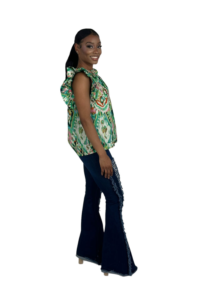 Green Puff Sleeve Printed Top
