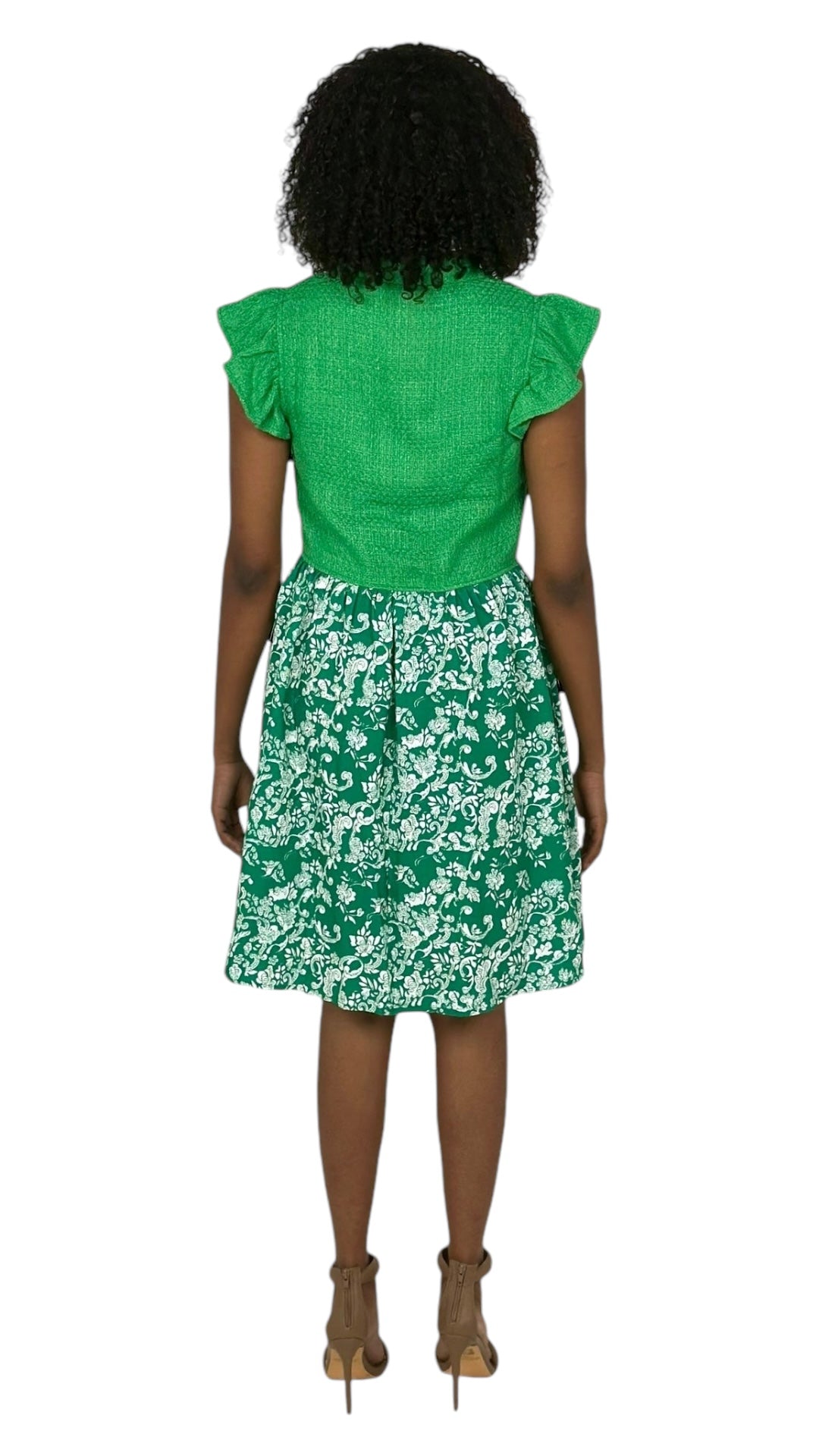 Green Tweed Floral Print Mini Dress
