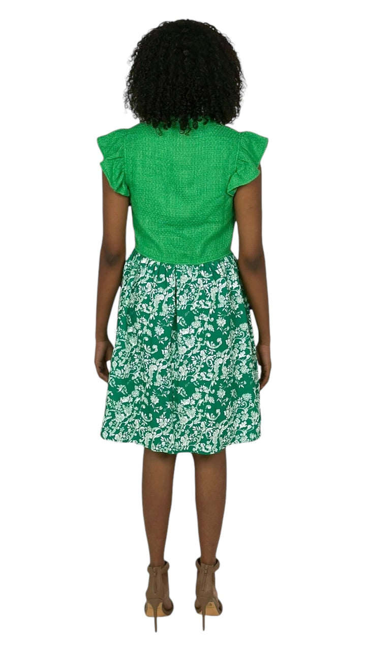 Green Tweed Floral Print Mini Dress