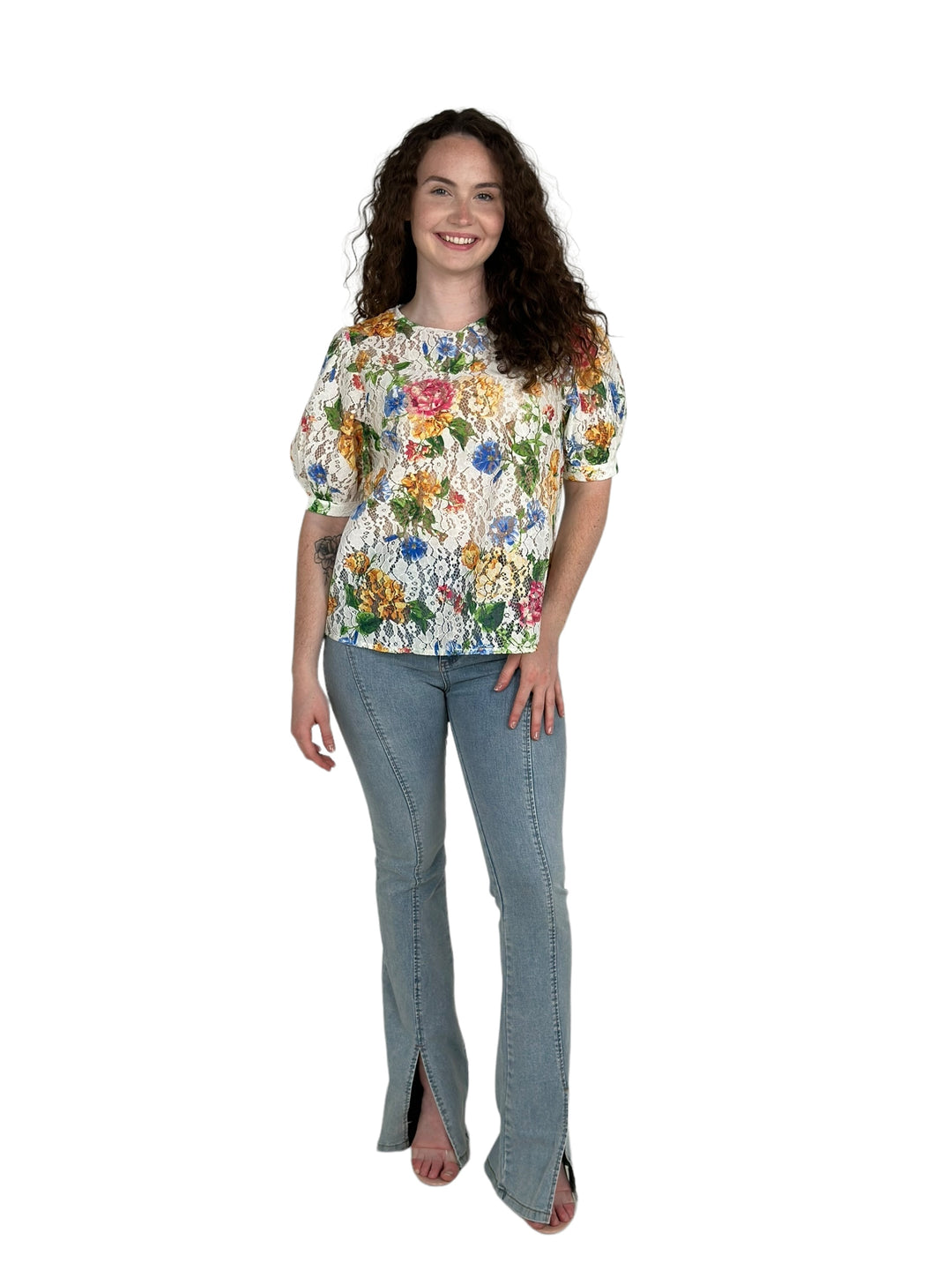 Ivory Printed Woven Lace Top