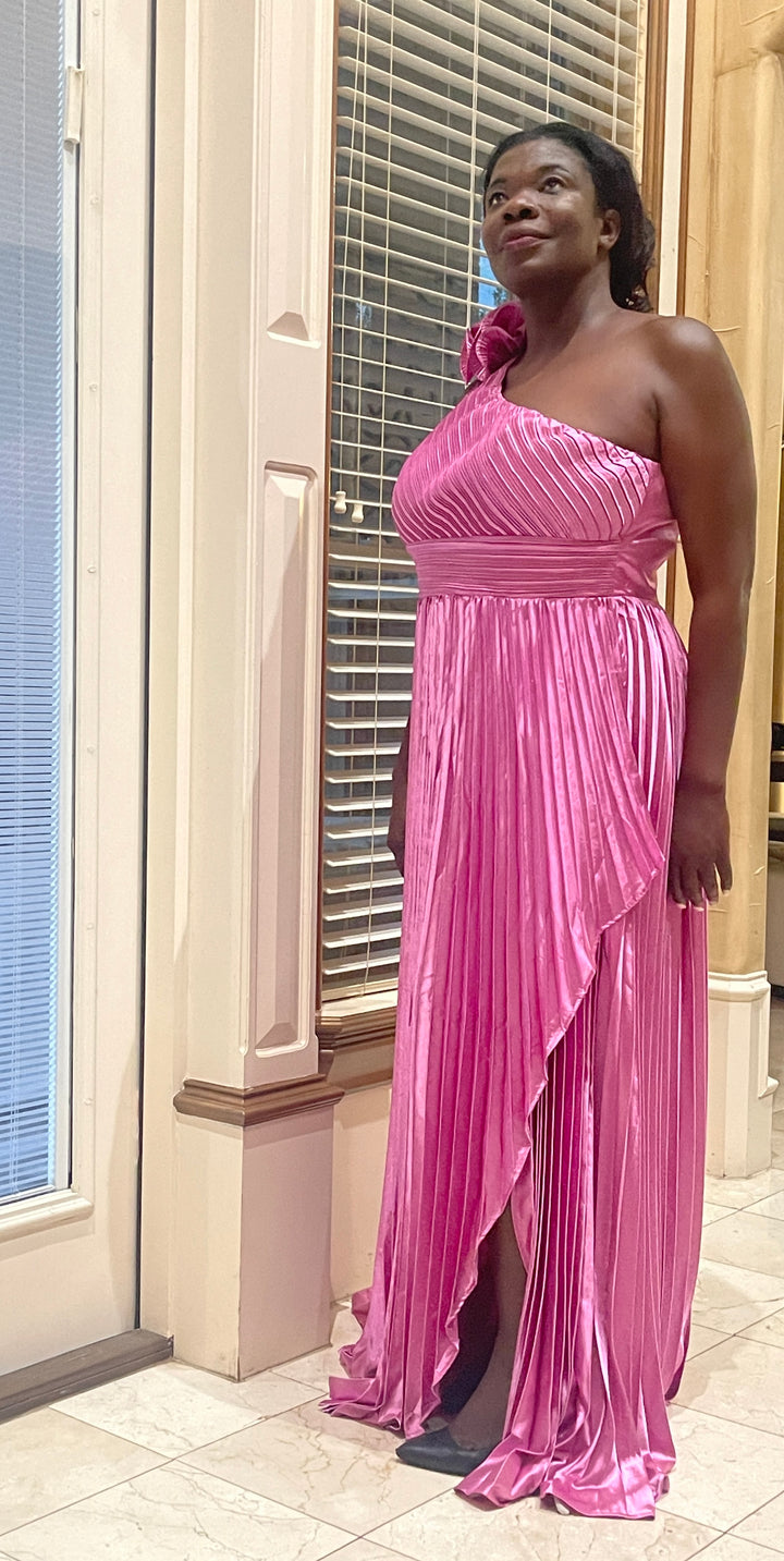 Magenta One Shoulder Pleated Dress