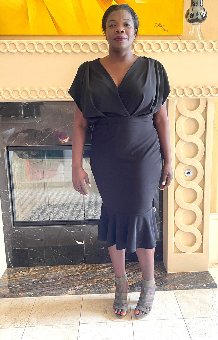 Black Pleated Shoulder Midi Dress