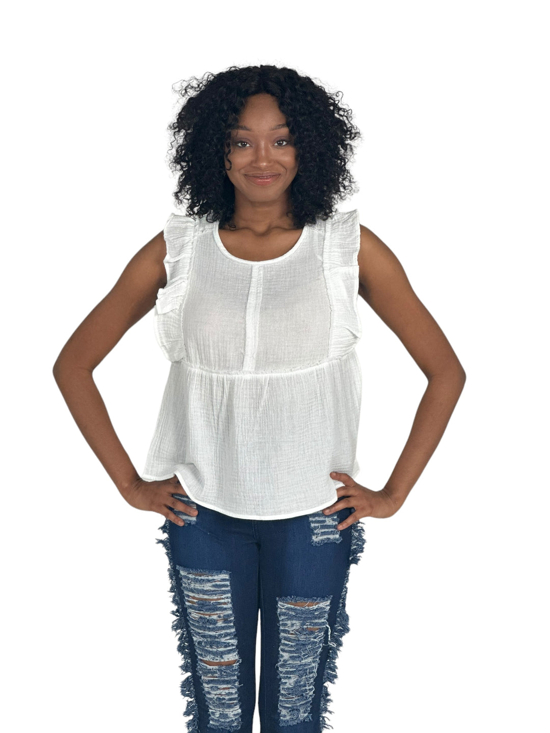 White Ruffle Sleeve Gauze Top
