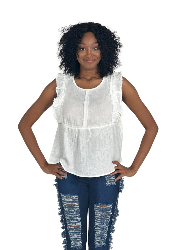 White Ruffle Sleeve Gauze Top