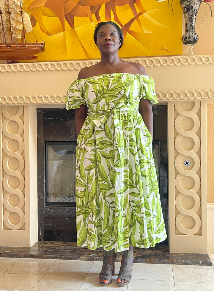 Ivory Green Printed Midi Dress