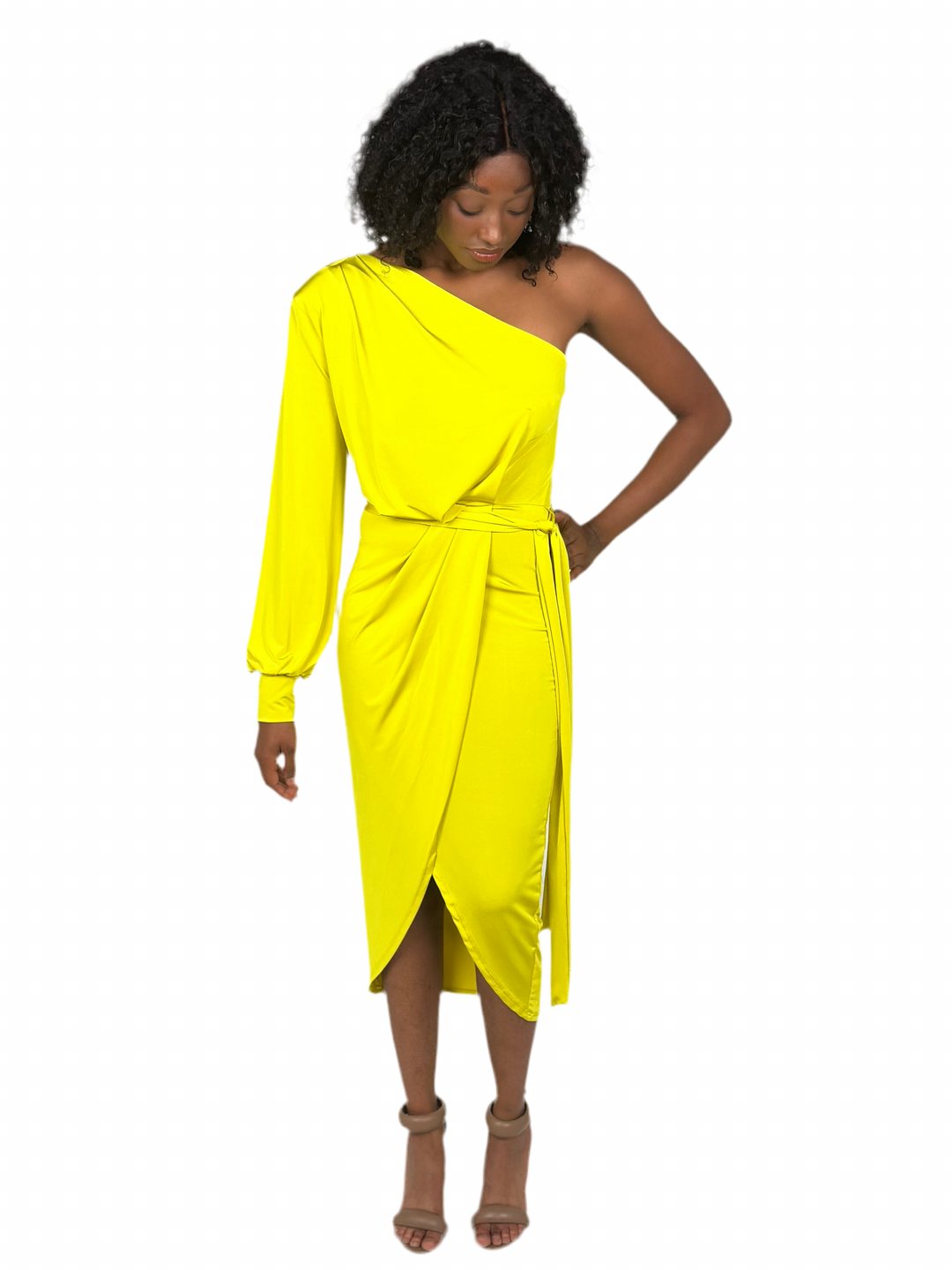 Chartreuse Green One Shoulder Midi Dress