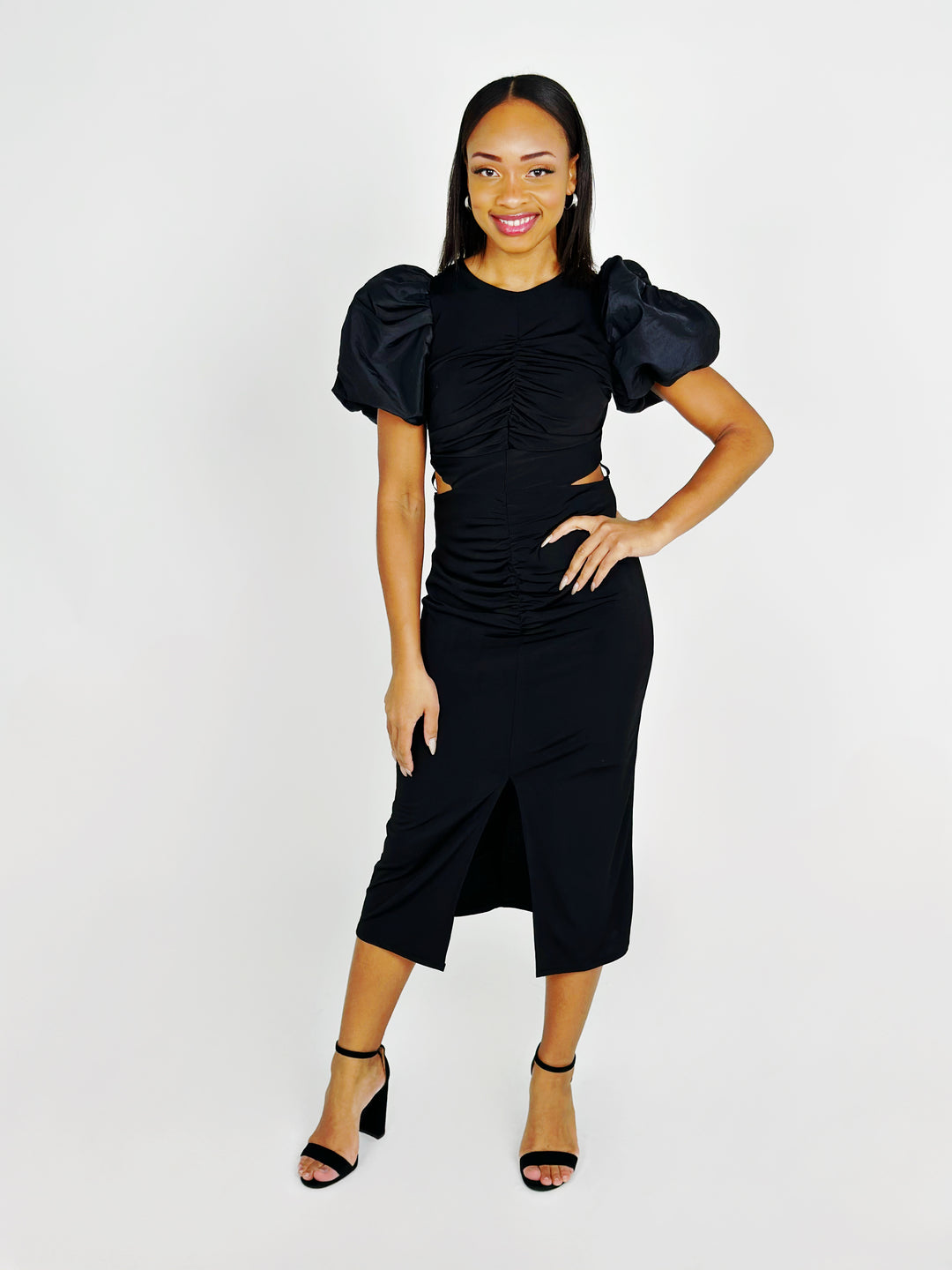 Black Puff Sleeve Ruched Midi Dress