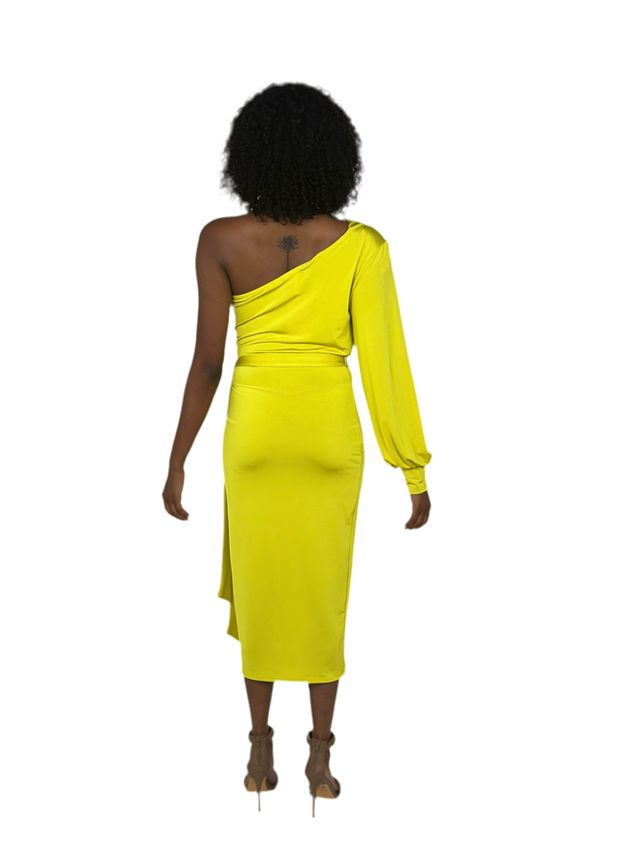 Chartreuse Green One Shoulder Midi Dress