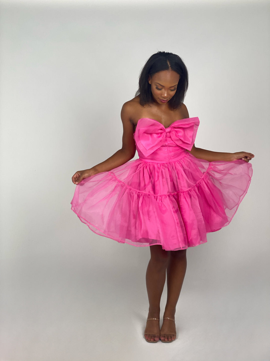 Fuchsia Organza Strapless Mini Dress