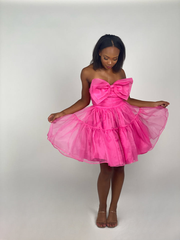 Fuchsia Organza Strapless Mini Dress