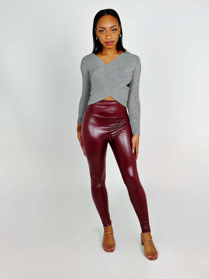Burgundy Faux Leather High Waist Leggings
