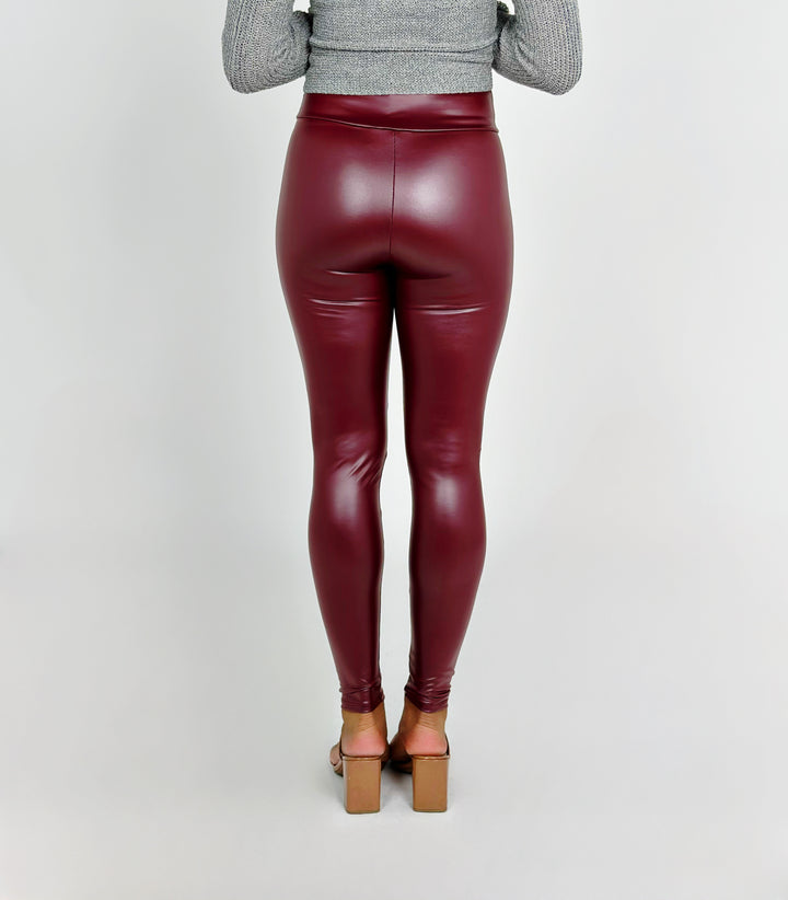 Burgundy Faux Leather High Waist Leggings