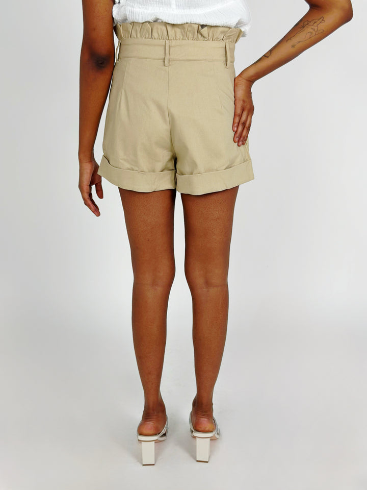 Beige High Ruffle Waist Shorts