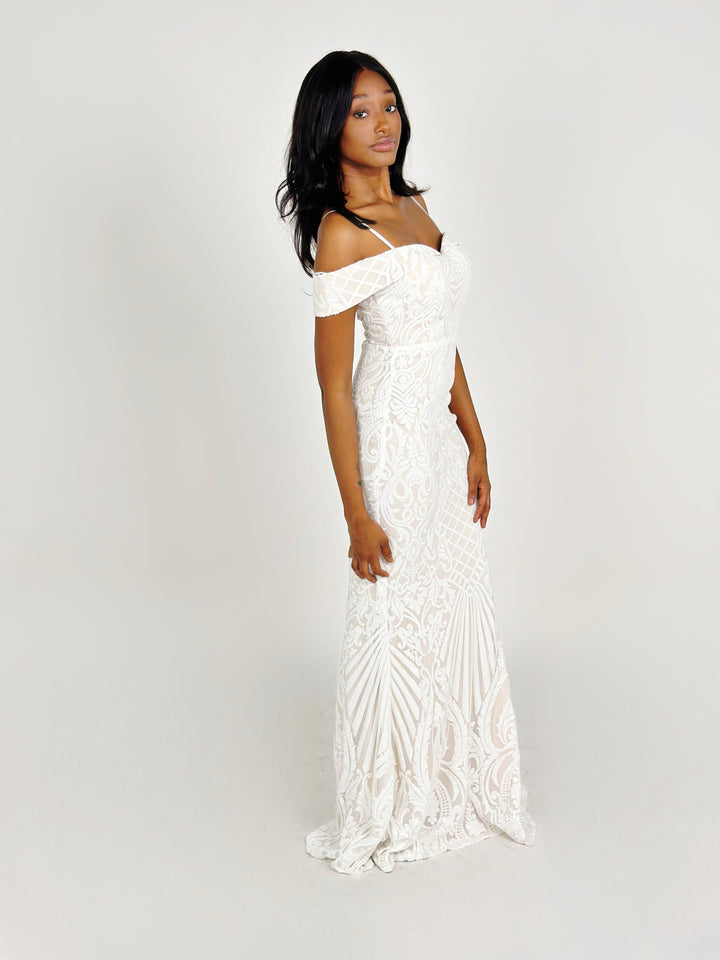 White Off Shoulder Sequin Maxi Dress