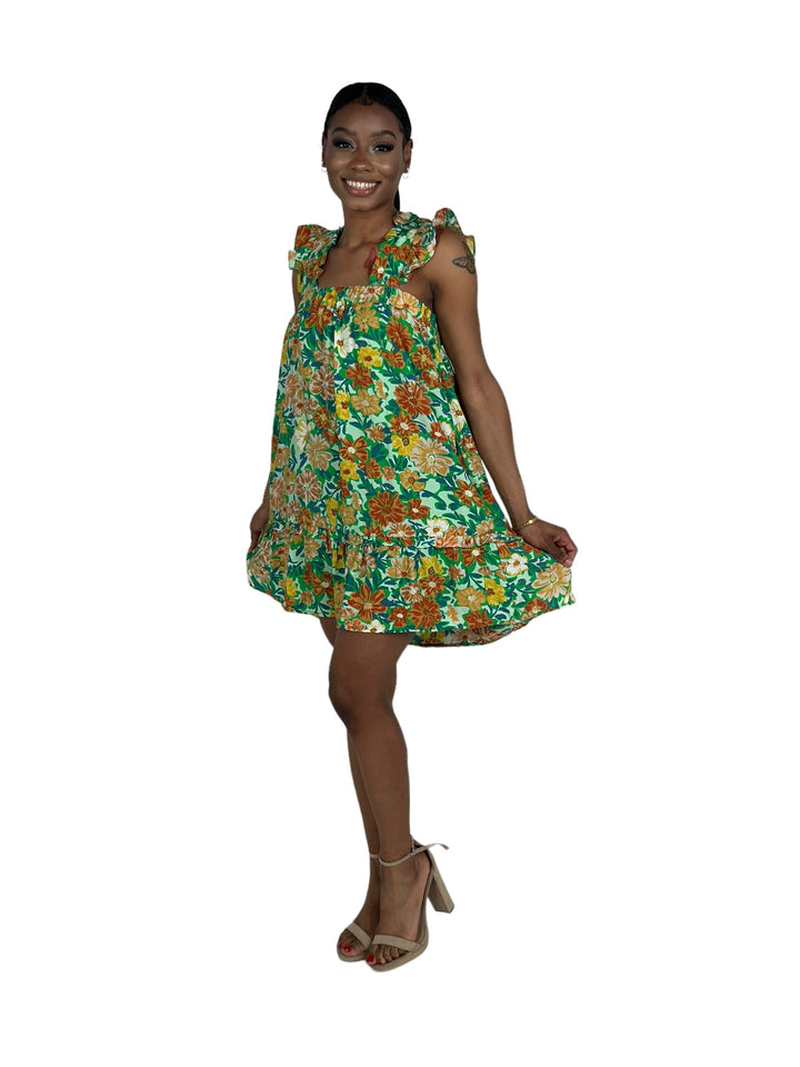 Green Floral Print Mini Dress