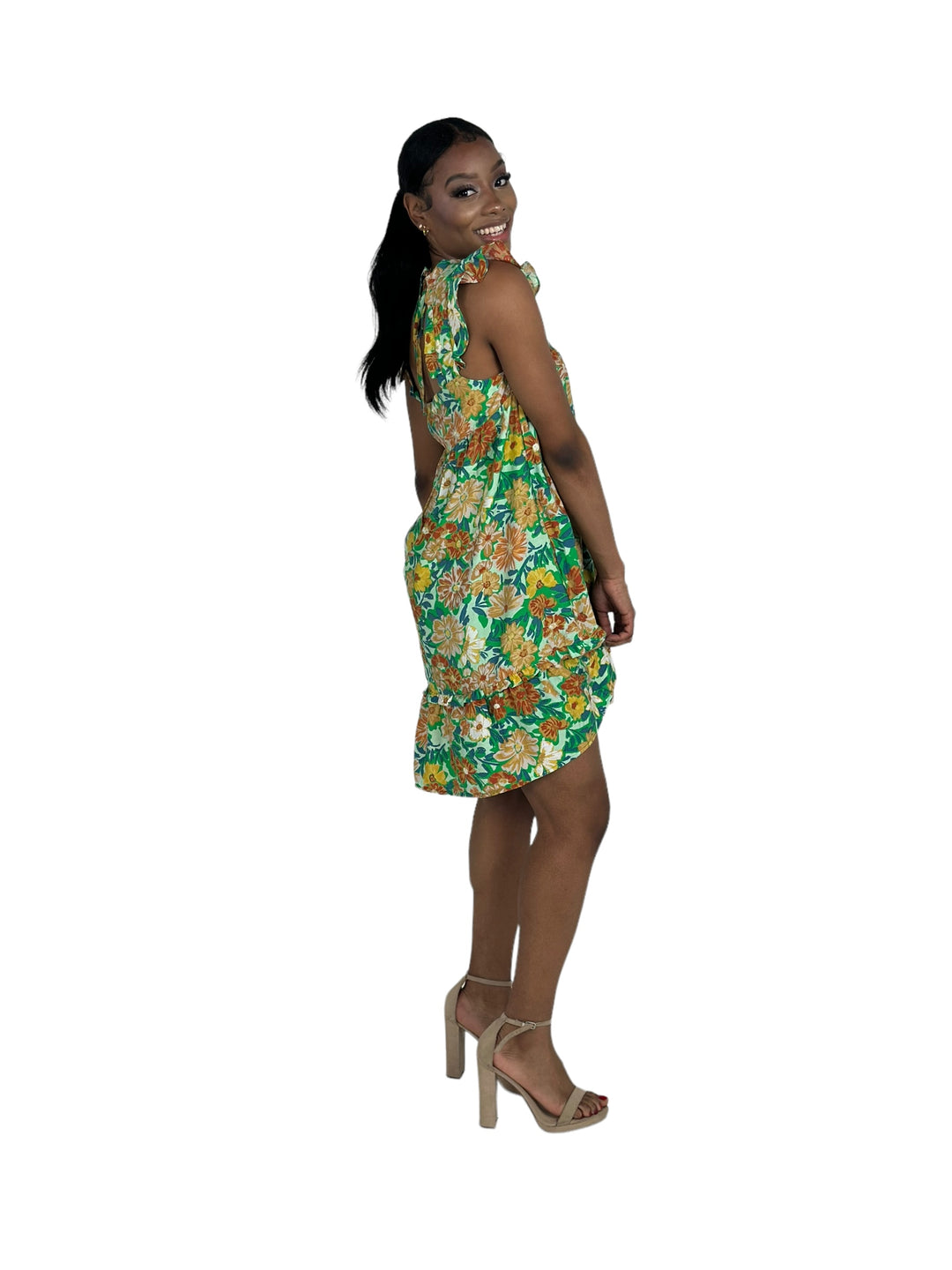 Green Floral Print Mini Dress