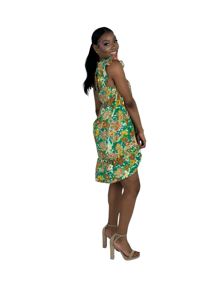 Green Floral Print Mini Dress