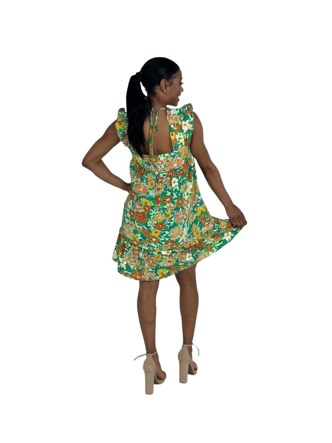 Green Floral Print Mini Dress