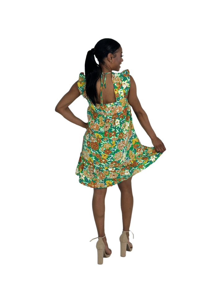 Green Floral Print Mini Dress