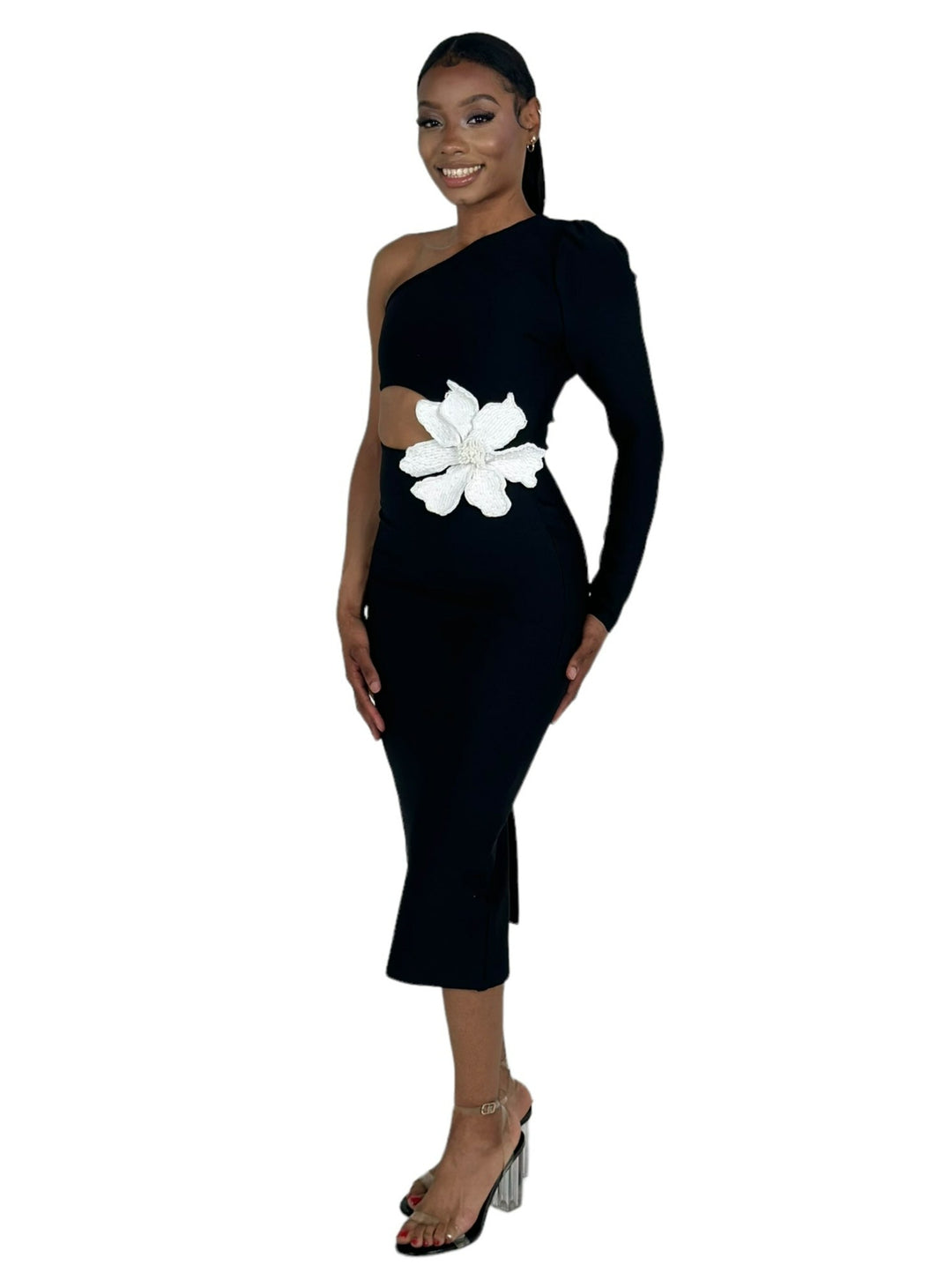Black One Shoulder Slim Fit Midi Dress