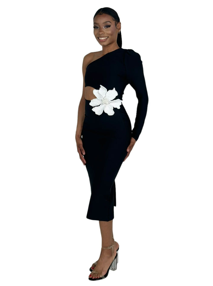 Black One Shoulder Slim Fit Midi Dress